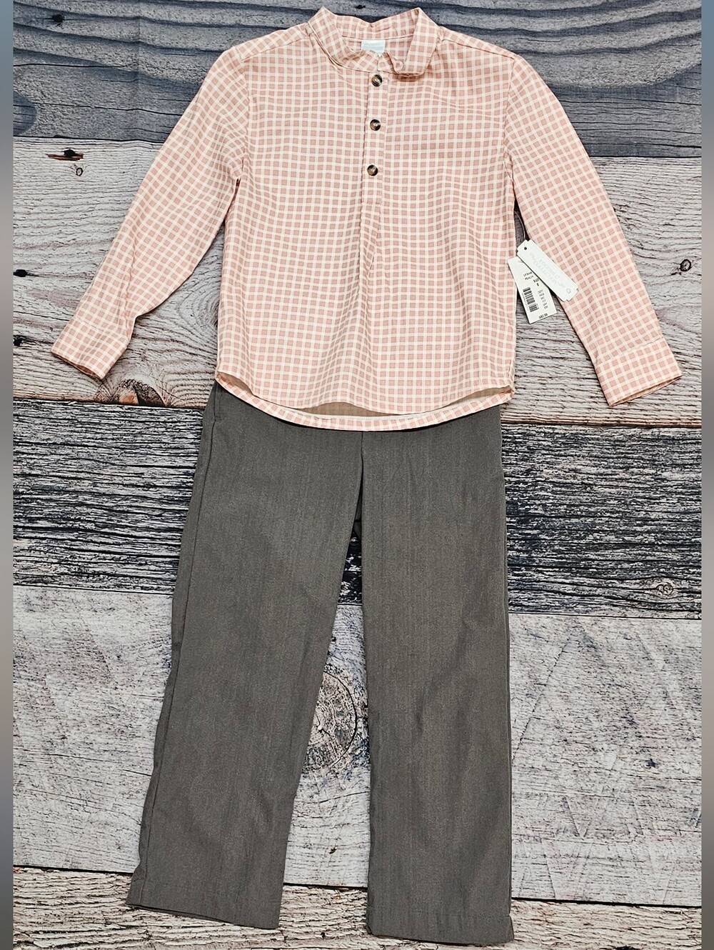 Edgehill Collection Boys 2 Piece  Pink Check Mandarin Collar & Gray Pant Size 6